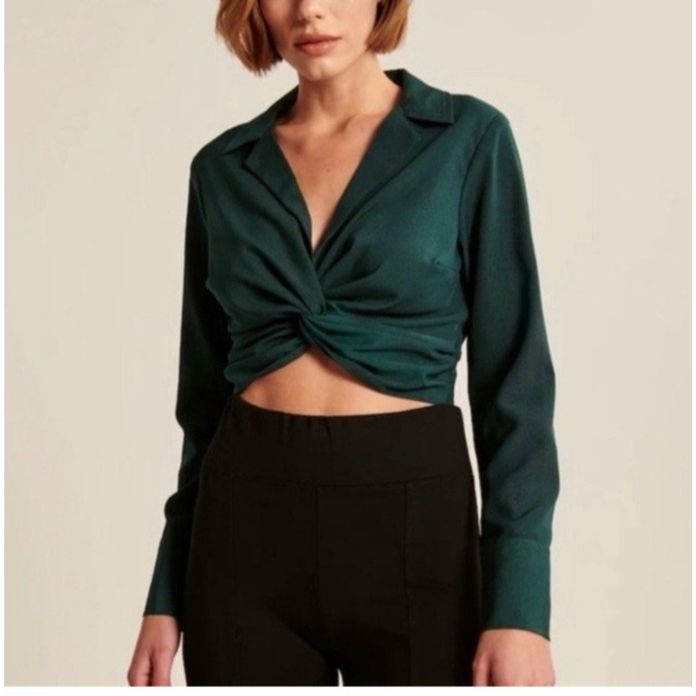 Abercrombie & Fitch Blouse Top Womens Medium Green Cropped Twisted-Front Collar